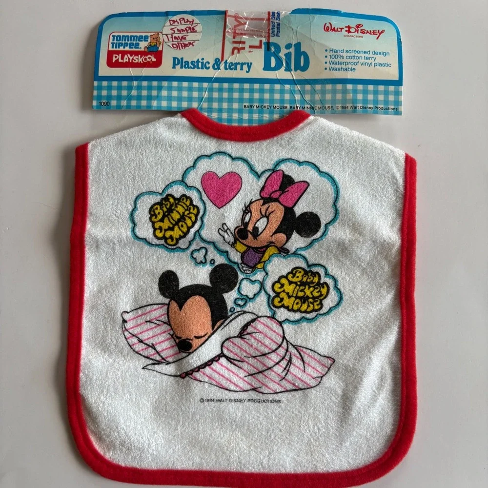 Vintage 1984 Disney Baby Mickey Minnie Mouse Bib Tommee Tippee Playskool Terry